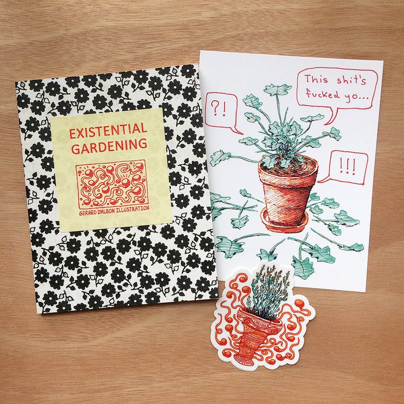 May include: A collection of illustrated stationery items. Includes a notebook with a black and white floral pattern and the text "Existential Gardening". A greeting card features a potted plant with speech bubbles. A sticker shows a potted plant.