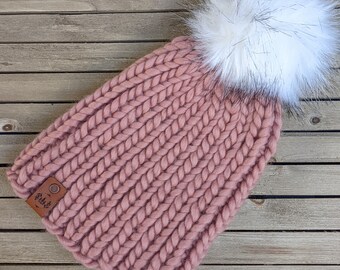 Solid Pink Peruvian Wool Knit Hat with Faux Fur Pom Pom, Chunky Knit Beanie, Hand Knit Hat