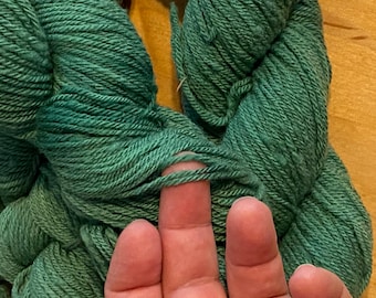 Könnte beinhalten: Nahaufnahme eines Strangs türkisfarbener Wolle. Die Wolle ist dick und gedreht, mit sichtbaren Fasern. Die Textur erscheint weich und leicht verschwommen. Die Wolle wird von Fingern gehalten.