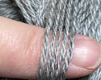 Könnte beinhalten: Nahaufnahme eines Knäuels grauer Wolle, die die Textur und die Fasern der Wolle zeigt.