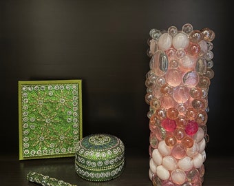 Candle-Revamped Pink Candle with Pink & White Glass Beads (8”T x 2”W)