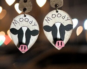 Unique, Handmade wooden cow earrings "Moody"