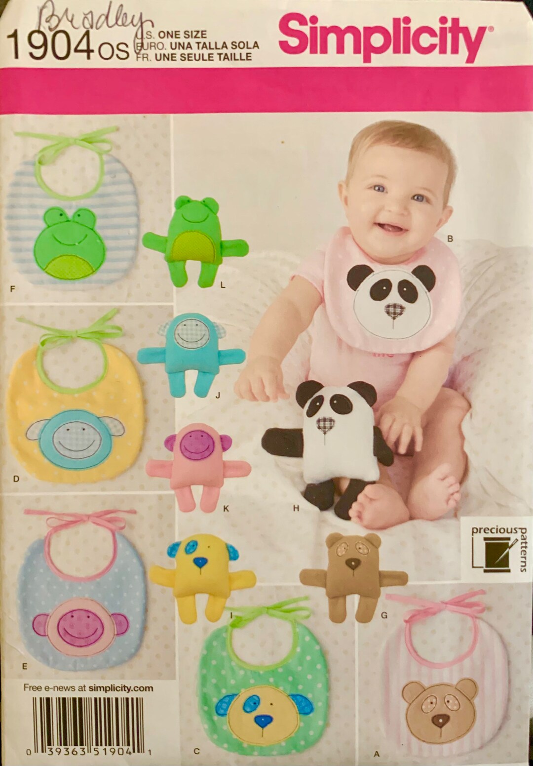Simplicity 1904 Baby Bib and Stuffed Animal Bear, Monkey, Panda, Dog ...