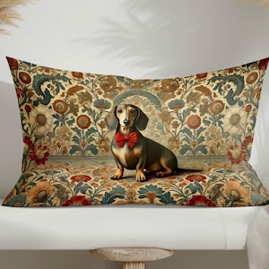 Vintage Dachshund Decorative Pillowcase, Rectangular Throw Cushion Cover, Elegant Floral Dog Print Sofa Pillow for Home Decor