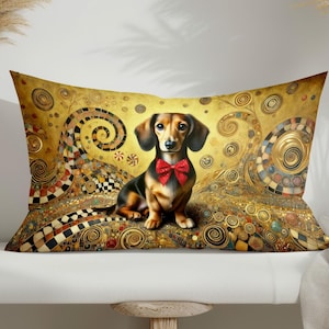 Artistic Dachshund Decorative Pillowcase, Rectangular Throw Cushion Cover, Abstract Golden Swirl Dog Print Sofa Pillow