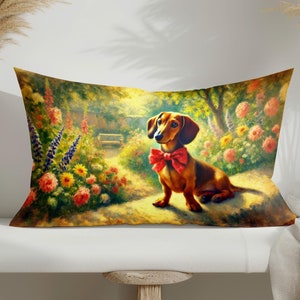 Adorable Dachshund Pillowcase, Rectangular Decorative Cushion Cover, Floral Garden Dog Print Throw Pillow for Home Decor