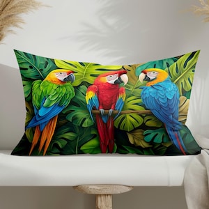 May include: A decorative cushion featuring a vibrant green, blue, and red macaw parrot design on a lush green tropical leaf background.
