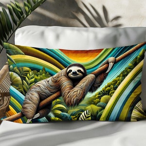 Può includere: Un cuscino decorativo colorato con un bradipo appeso a un ramo in un ambiente di giungla. Il cuscino presenta uno schema di colori vibrante verde, blu e giallo con un design fantasioso.