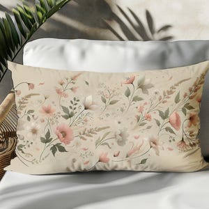 Floral Lumbar Pillow Cover, Cotton Linen Lumbar Pillow Case, Double Sided Botanical Cushion, Vintage Flower Rectangle Pillow for Sofa or Bed
