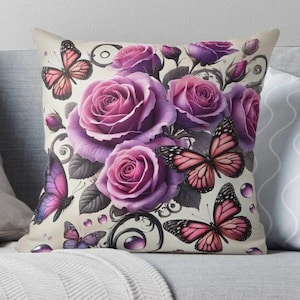 Purple Rose and Butterfly Pillow Cover with Elegant Floral Design, Double-Sided Print Cushion Cover, Romantic Flower Art