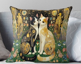 Art Nouveau Cat Pillow Cover - Whimsical Feline-Themed Decorative Cushion Case with Floral and Golden Accents, Style Gustav Klimt