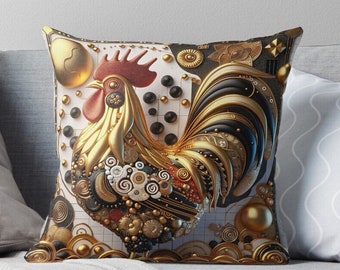 Steampunk Rooster Pillow Cover – Whimsical Mechanical Cock Design, Farmhouse Chic Decor, Offered in Various Sizes, Cushion Case Only