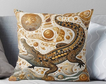 Gustav Klimt and Featuring, Artistic Crocodile Pillow Cover - Unique Aboriginal-Inspired Decorative Cushion with Intricate Patterns