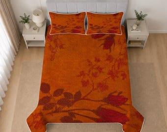 Autumn Floral Quilt Bedding Set, Rustic Fall Bedspread, Vintage Botanical Bedding, Orange Flower Quilt, Cozy Seasonal Bedroom Decor