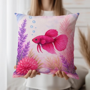 Pink Betta Fish Pillow Cover, Cute Fish Cushion, Underwater Decor, Girly Room Aesthetic, Colorful Throw Pillow, Kids Room Decor, Ocean Theme