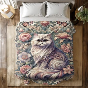 Elegant Persian Cat Throw Blanket - Vintage Floral Design Flannel Fleece Bedspread - Cozy Decorative Blanket for Sofa, Couch, or Bedroom