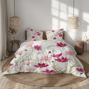 White and Pink Cosmos Flower Bedding Set, Soft Botanical Duvet Cover with Pillowcases, Elegant Floral Bedroom Decor in Pink and Green