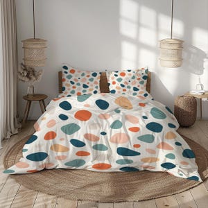 Colorful Dot Bedding Set with Cream Teal Coral and Mustard Tones, Modern Playful Polka Duvet Cover with Matching Pillowcases
