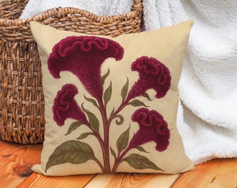 Vintage Red Floral Pillow Cover – Decorative Throw Cushion Cover – Elegant Pillow Case – Square Accent Cushion for Sofa or Bed