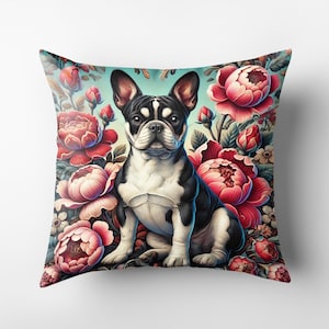 French Bulldog Floral Art Throw Pillow Cover | Cotton Linen Pillowcase | Vibrant Dog Lover Decorative Cushion Cover