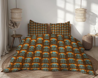 May include: A brown floral pattern bedding set featuring a repeating design of orange and blue flowers. The set includes a duvet cover and two pillowcases. The bedding is displayed on a bed with a wooden headboard, creating a cozy and inviting bedroom aesthetic.
