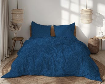 Set copripiumino botanico blu navy – Elegante biancheria da letto floreale scura con federe