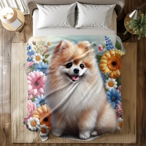 Adorable Pomeranian Floral Blanket -Cozy Dog Lover&#39;s Throw in Soft Flannel Fleece with Colorful Flowers,Ideal Gift,Multiple Sizes Available