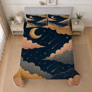 May include: A bedding set featuring a dark navy blue background with a celestial pattern of golden crescent moons, swirling clouds in shades of gold and gray, and scattered stars with streaks representing shooting stars across the quilt and pillows.