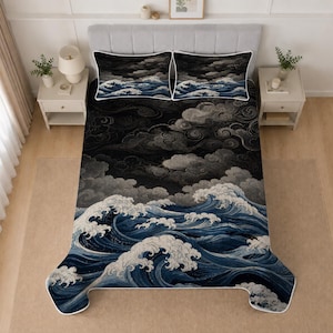 May include: A bedding set featuring a quilt and two matching pillow shams with a dark, dramatic print of swirling gray clouds above turbulent, deep blue ocean waves with white foam crests, finished with a clean white piped edge trim.