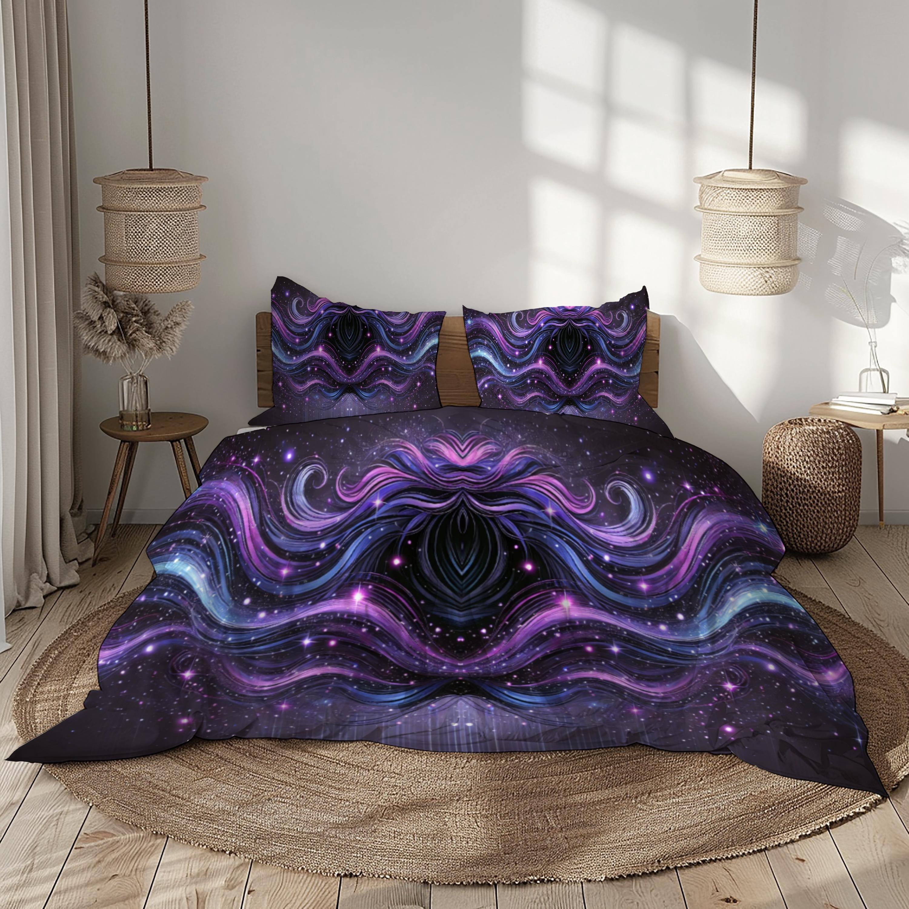 Galaxy Swirl Bettwäsche Set - Schwarz Lila Rosa Blau Cosmic - Bettbezug + Kissenbezüge - Psychedelic Sternendekor Schlafzimmer
