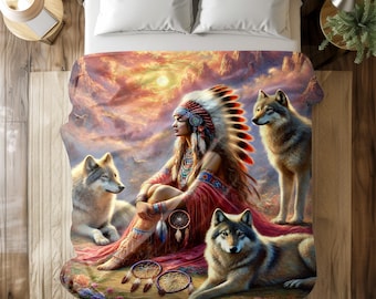 Couverture Native Spirit and Wolves - Majestueuse conception amérindien avec attrape-rêves et loups, jeté artistique pour la maison ou des cadeaux