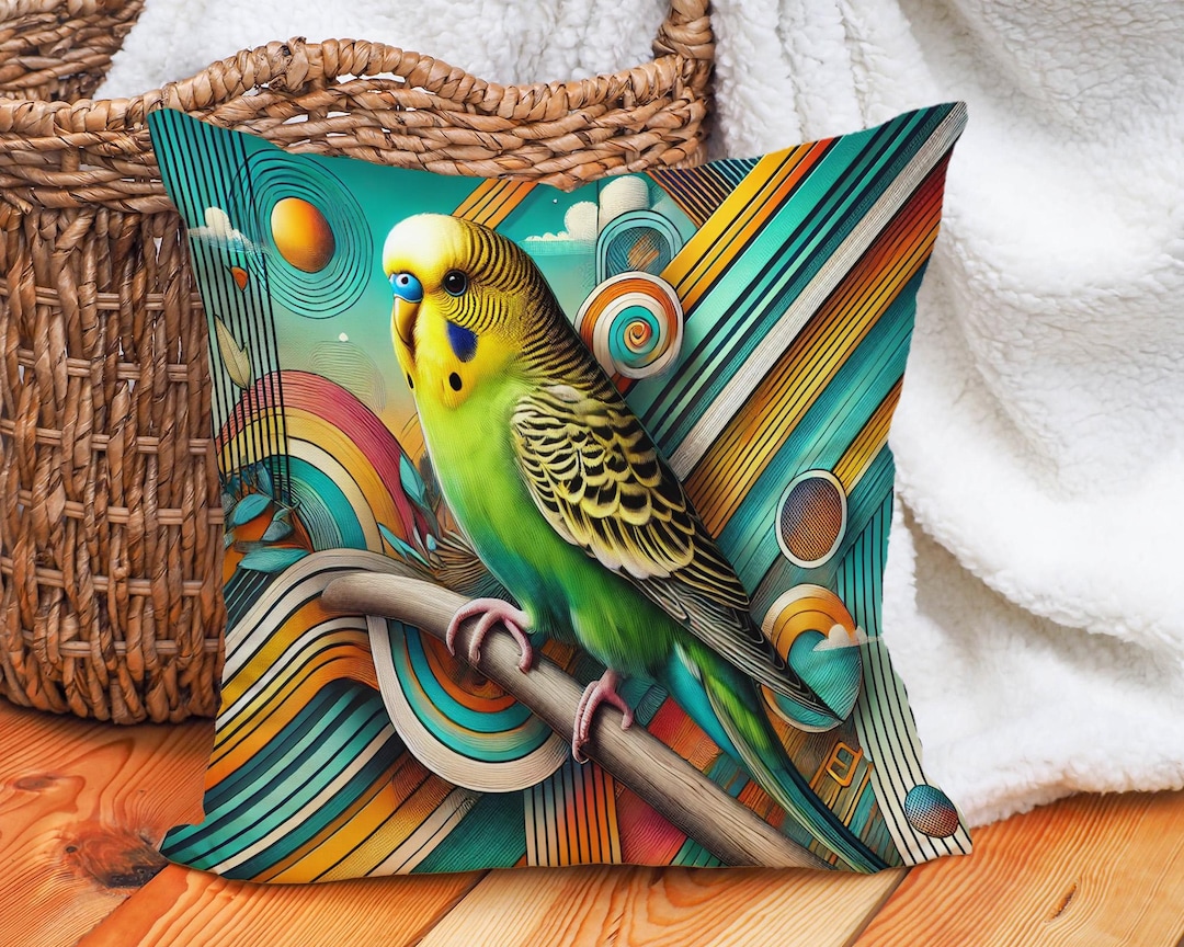 Colorful Parakeet Pillow Cover - Vibrant Budgie Design, Cotton Linen ...