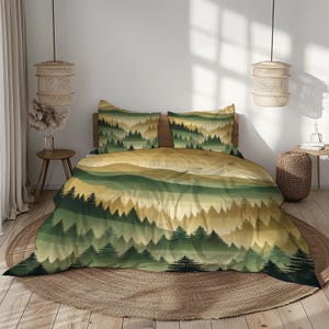 Mountain Forest Bedding Set - Scenic Green and Gold Landscape Design -  Duvet Cover with Pillowcases for Cozy Bedrooms
