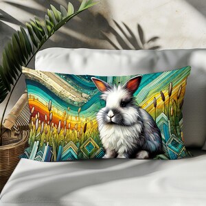 Rabbit Lumbar Pillow Cover - Vibrant Bunny Print, Cotton Linen Decorative Pillow Case, Double-Sided Cushion for Animal Lovers Decor