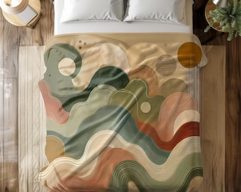 Abstracte fleecedeken aardetinten – warme zachte plaid met organisch lijntekeningenontwerp, modern decor in 6 maten