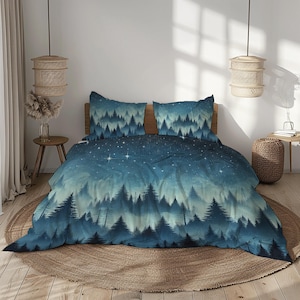 Forest Night Sky Bedding Set, Dark Blue Green Duvet Cover, Starry Woodland Bed Set, Nature Themed Bedroom Decor, Multiple Sizes