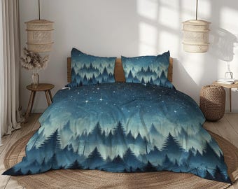 Forest Night Sky Bedding Set, Dark Blue Green Duvet Cover, Starry Woodland Bed Set, Nature Themed Bedroom Decor, Multiple Sizes