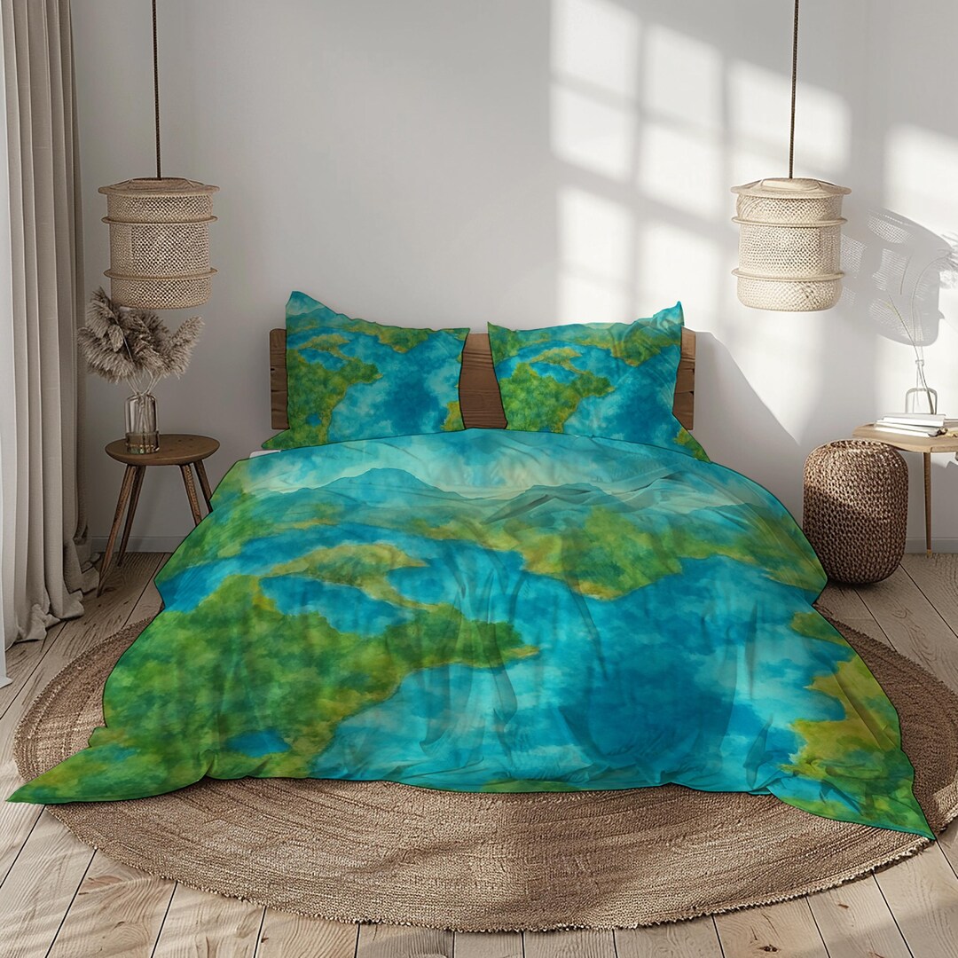 World Map Duvet Cover Set Blue Green Teal Bedding Travel Theme Bedroom ...