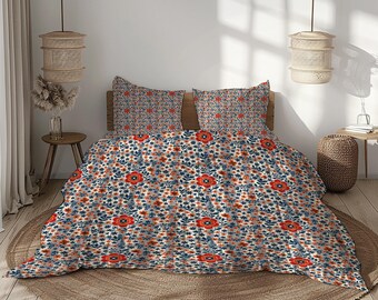 レトロフローラル寝具セット：イエロー、オレンジ、レッドの花柄