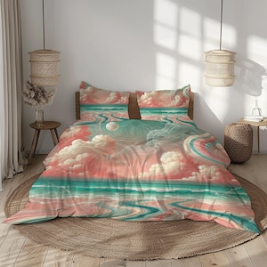 Surreal Ocean Sunset Bedding Set - Coral Aqua Cream Pink Dreamy - Duvet Cover + Pillowcases - Coastal Art Bedroom Decor
