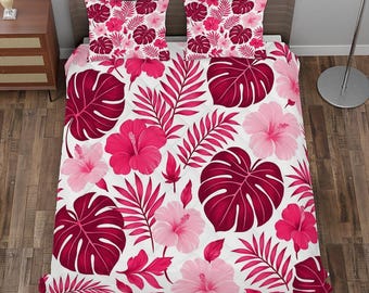 Juego de cama con edredón tropical rosa de hibisco y monstera: suave manta acolchada de rombos con fundas de almohada a juego, decoración costera para dormitorio.