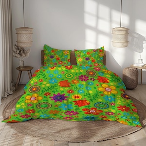 Retro Floral Duvet Cover Set – Bright Green, Yellow, Orange, and Blue Colorful Bedding with Cheerful 70s-Inspired Flower Power Print