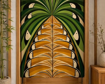Art Deco Palm Noren Curtain, Tropical Geometric Doorway Curtain, Vintage Botanical Room Divider, Retro Jungle Decor, Mid Century Palm Leaf