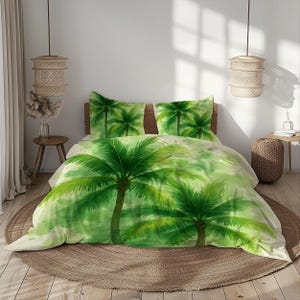 Tropical Palm Tree Bedding Set – Green, Lime, Beige & White Tones – 100% Microfiber Duvet Cover with Pillowcases – Multiple Sizes