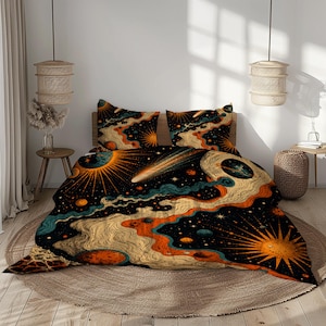 May include: A bedding set featuring a celestial design with suns, planets, and comets against a black background. The comforter and two pillowcases showcase a vibrant color palette of orange, teal, and gold, creating a cosmic theme.