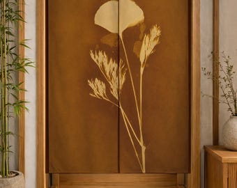 Cortina Noren botánica minimalista, cortina de puerta con hojas de ginkgo, separador de ambientes Japandi, cortina boho neutra, decoración del hogar Wabi Sabi