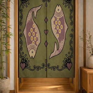 May include: A rectangular fabric door curtain featuring a muted olive green background with two large, stylized fish in shades of purple and cream. The design includes black swirling scrollwork borders, purple heart accents, and geometric diamond shapes.