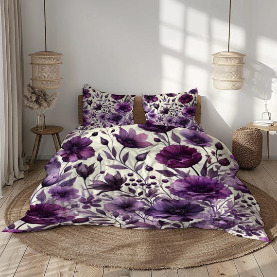 Purple Floral Bedding Set, Luxury Duvet Cover with Pillowcases, Elegant White and Violet Bedroom