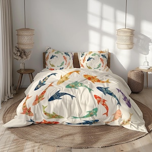 Koi Fish Bedding Set – Duvet Cover & Pillowcases – Blue, Orange, Teal, Ivory – Soft Microfiber, No Filling, Japanese-Inspired