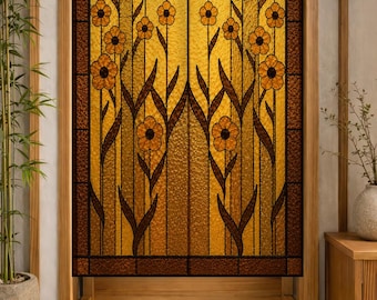 May include: A rectangular stained glass panel featuring a golden yellow background with a repeating pattern of dark brown flowers and stems. The design includes a central sun motif at the top, framed by a dark brown border within a wooden doorway.